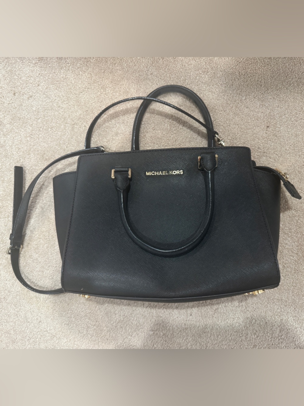 Michael Kors Black Saffiano Leather Satchel with Gold Hardware